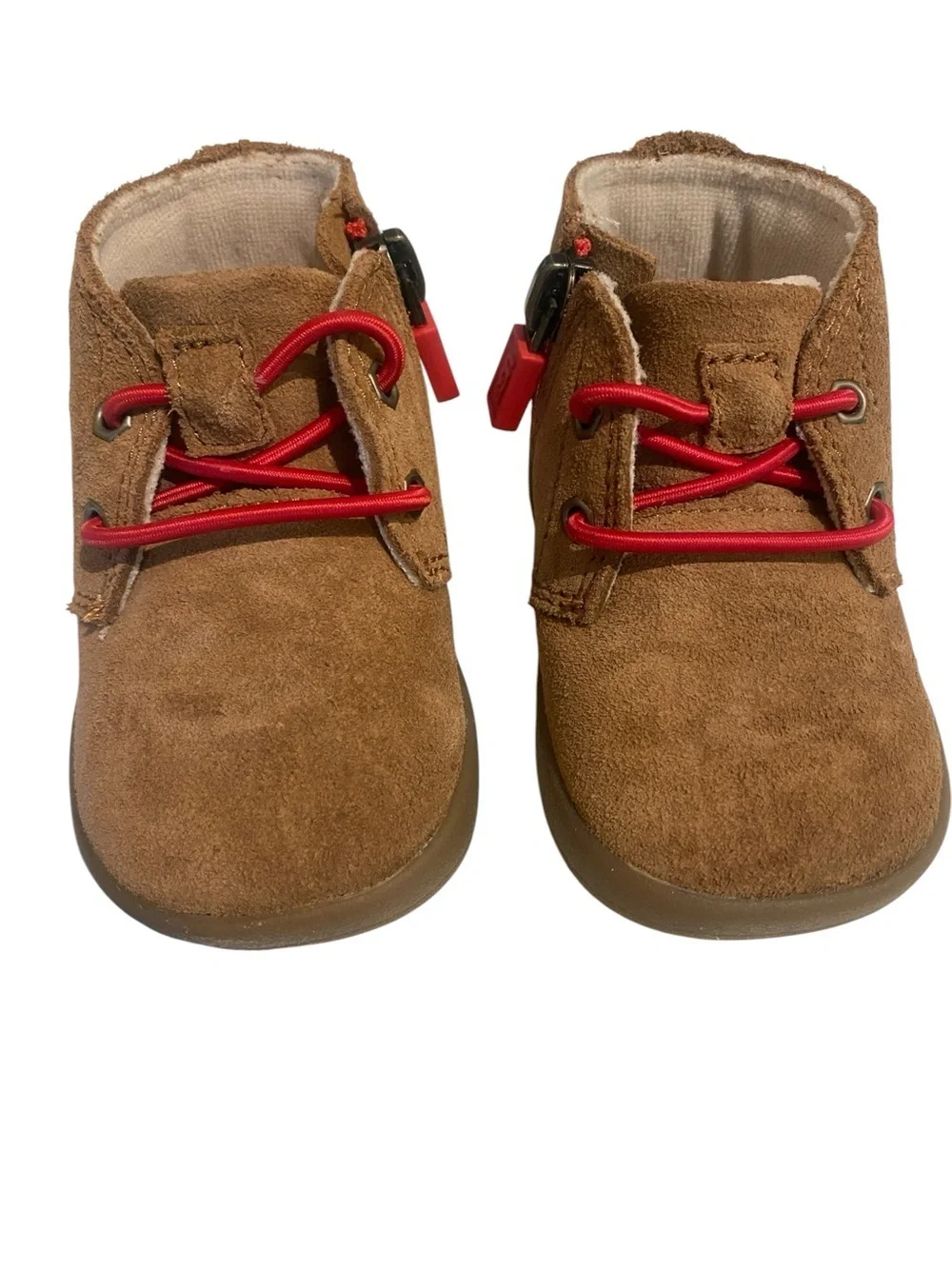 UGG infant Baby Chestnut Suede Lined Ankle Booties Red Lace New 6-12 months